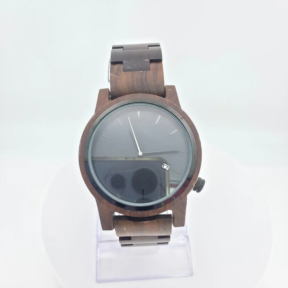 MUJUZE Wood Men's Watch Dark Walnut Case Band Black Dial Date Function 8.5